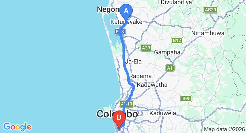 Driving route map: Colombo Airport (CMB) to The Havelock Place Bungalow, Colombo (37 km, approx 53 min private transfer)