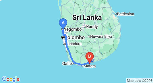 Driving route map: Colombo Airport (CMB) to Eco Tree House, Tangalle (212 km, approx 2 h 54 min private transfer)