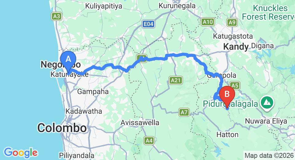 Driving route map: Colombo Airport (CMB) to Kotmale (135 km, approx 4 h 9 min private transfer)