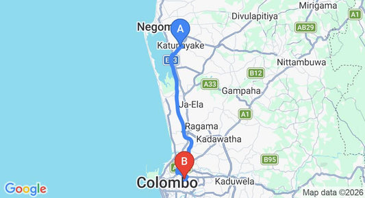 Driving route map: Colombo Airport (CMB) to Kolonnawa (32 km, approx 37 min private transfer)
