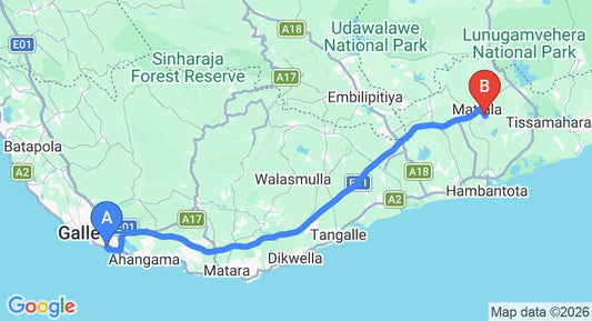 Driving route map: Talpe to Mattala (HRI) Airport (113 km, approx 1 h 39 min private transfer)