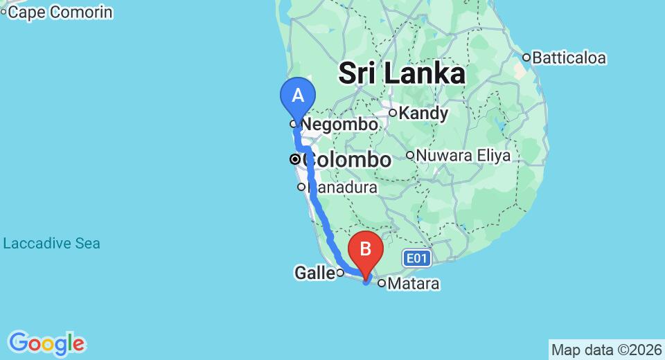 Driving route map: Colombo Airport (CMB) to Bay Beach Hotel, Weligama (174 km, approx 2 h 28 min private transfer)