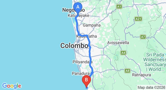 Driving route map: Colombo Airport (CMB) to Karl Holiday Bungalow, Kalutara (82 km, approx 1 h 29 min private transfer)