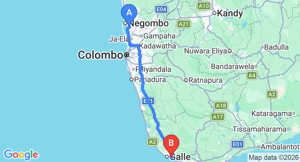 Driving route map: Colombo Airport (CMB) to Villa Gaetano, Unawatuna (151 km, approx 2 h 6 min private transfer)