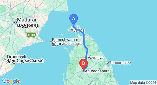 Driving route map: Jaffna (JAF) Airport to Anuradhapura (207 km, approx 4 h 0 min private transfer)
