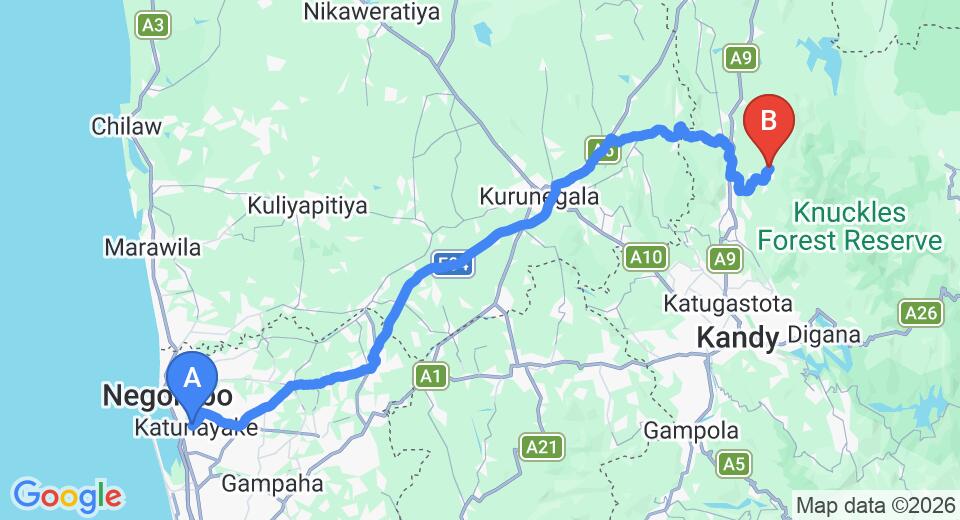 Driving route map: Colombo Airport (CMB) to Raththota Longville, Matale (130 km, approx 3 h 4 min private transfer)