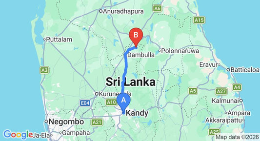 Driving route map: Kandy to Sigiriya (90 km, approx 2 h 32 min private transfer)