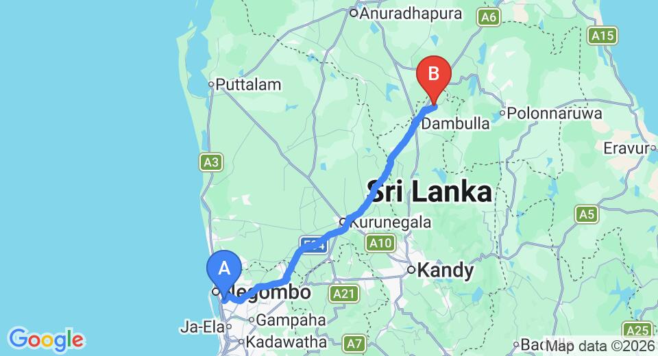 Driving route map: Colombo Airport (CMB) to Villa Yoho Lotus Eco Villa, Sigiriya (142 km, approx 3 h 5 min private transfer)