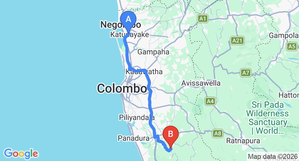 Driving route map: Colombo Airport (CMB) to Yala Village, Yala (77 km, approx 1 h 23 min private transfer)