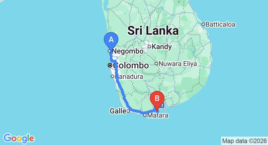 Driving route map: Colombo Airport (CMB) to Coconut Beach Cabanas, Tangalle (213 km, approx 2 h 54 min private transfer)