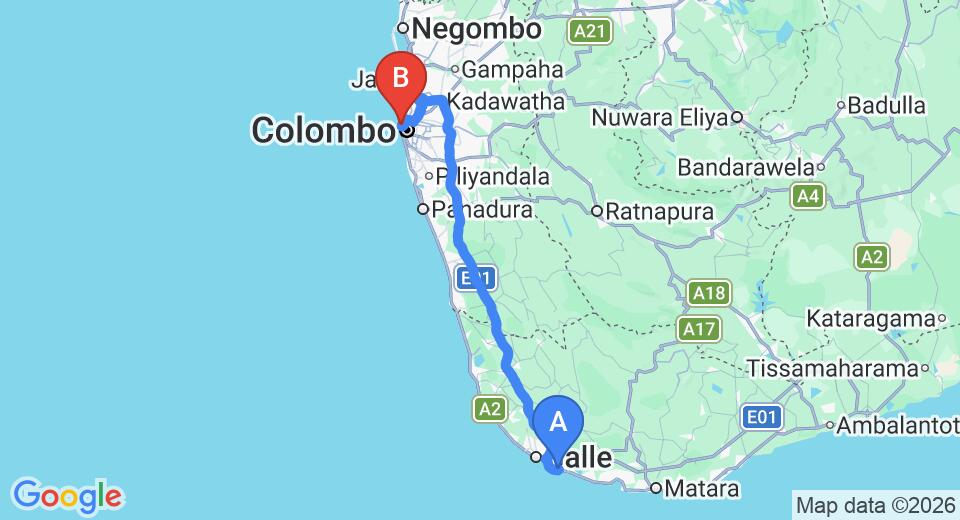 Driving route map: Talpe to Colombo Seaport (150 km, approx 2 h 12 min private transfer)
