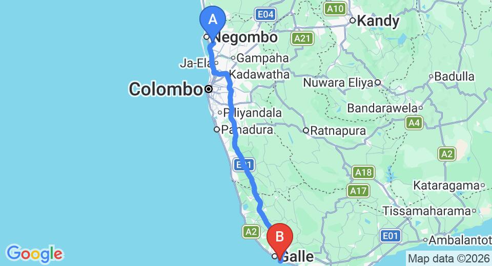 Driving route map: Colombo Airport (CMB) to Thaproban Beach House, Unawatuna (153 km, approx 2 h 11 min private transfer)