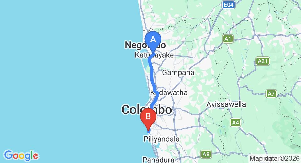 Driving route map: Colombo Airport (CMB) to Omni Holiday Bungalow, Mount Lavinia (43 km, approx 1 h 10 min private transfer)