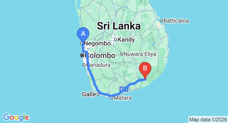Driving route map: Colombo Airport (CMB) to Beddegama Ecopark, Tissamaharama (281 km, approx 3 h 42 min private transfer)