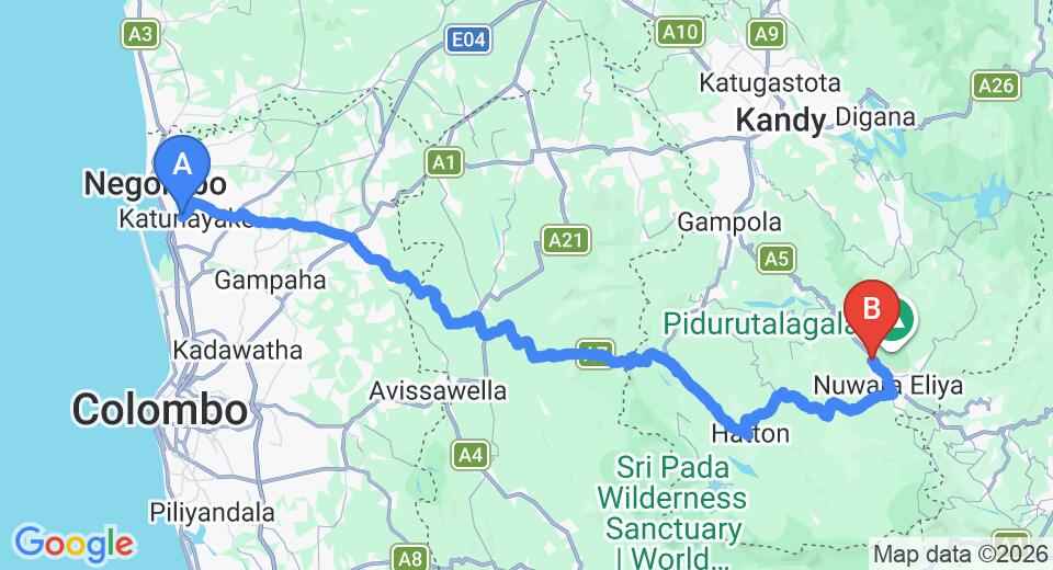 Driving route map: Colombo Airport (CMB) to The Leisure Village, Nuwara Eliya (158 km, approx 4 h 54 min private transfer)