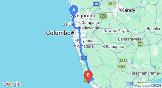 Driving route map: Colombo Airport (CMB) to Aditya Luxury Resort, Hikkaduwa (143 km, approx 2 h 9 min private transfer)