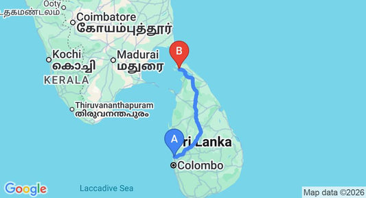 Driving route map: Colombo Airport (CMB) to Heritage Villa Jaffna, Jaffna (372 km, approx 7 h 14 min private transfer)