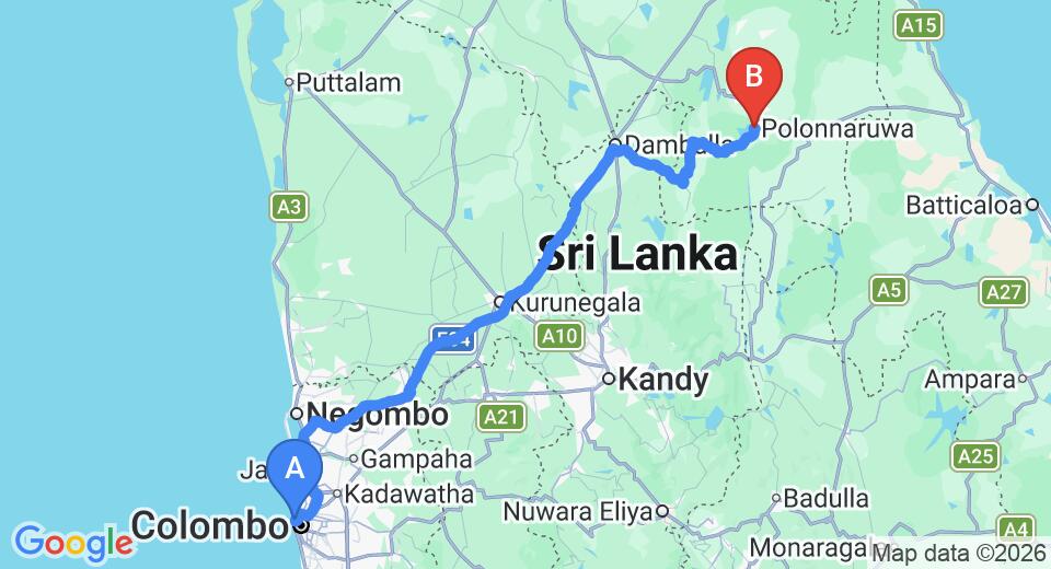 Driving route map: Colombo Seaport to Polonnaruwa (224 km, approx 4 h 39 min private transfer)
