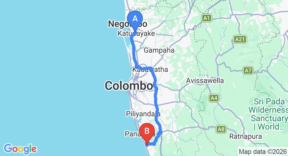 Driving route map: Colombo Airport (CMB) to Kumbukgahawatta Hotel, Wadduwa (78 km, approx 1 h 22 min private transfer)