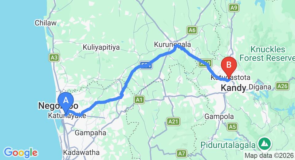 Driving route map: Colombo Airport (CMB) to The Kandyan Manor, Kandy (108 km, approx 2 h 34 min private transfer)