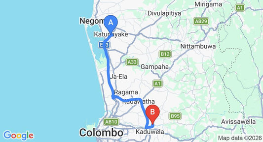 Driving route map: Colombo Airport (CMB) to Palm Villa, Biyagama (40 km, approx 43 min private transfer)
