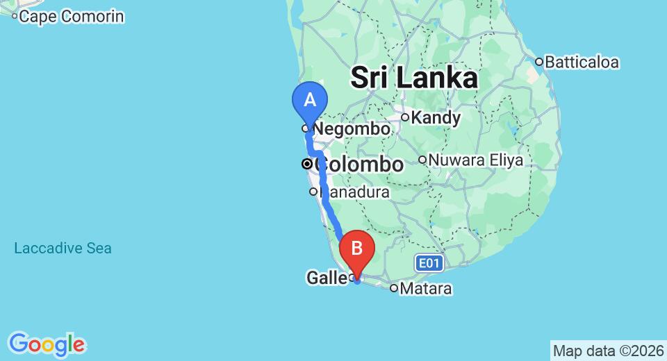 Driving route map: Colombo Airport (CMB) to Miltons Beach Resort, Unawatuna (153 km, approx 2 h 9 min private transfer)