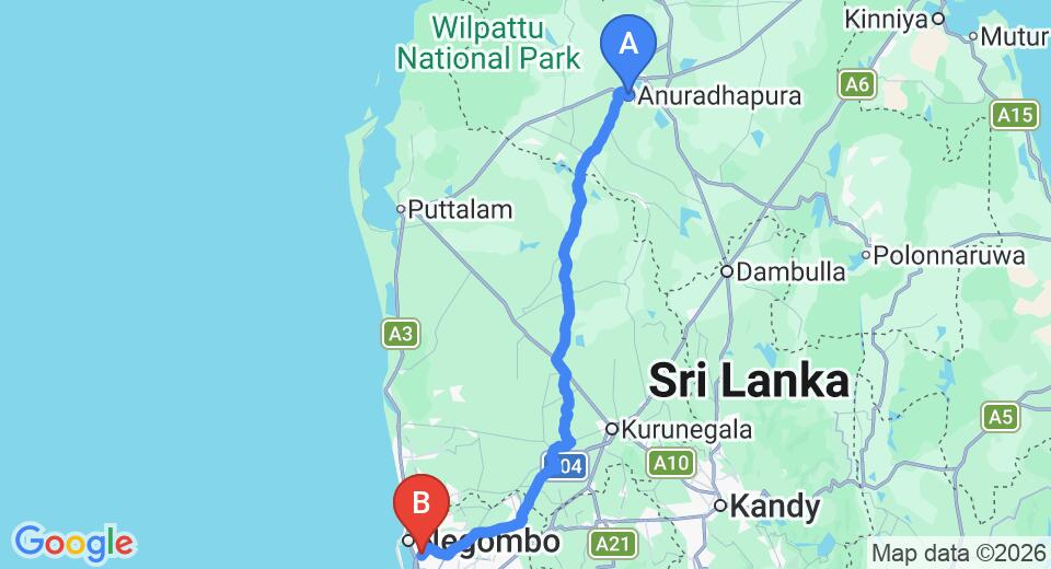 Driving route map: Anuradhapura to Colombo Airport (CMB) (174 km, approx 3 h 47 min private transfer)