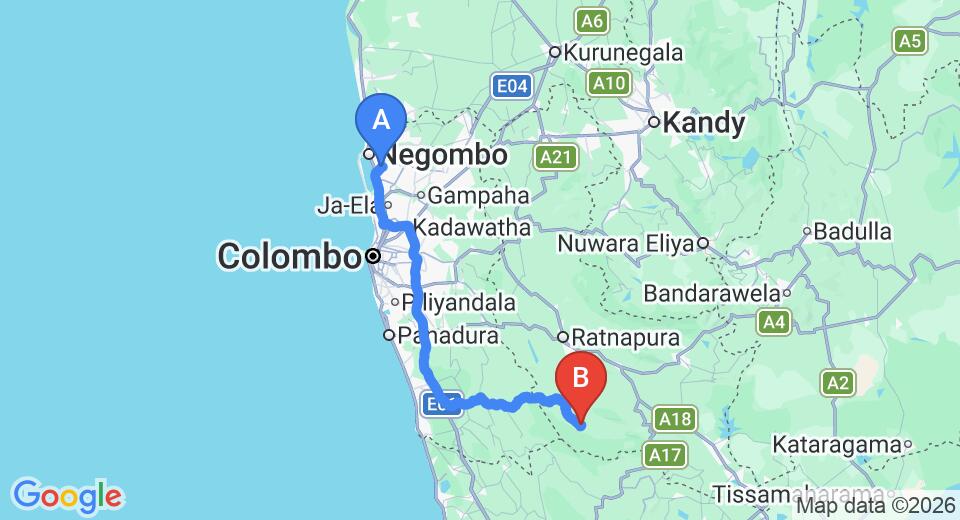 Driving route map: Colombo Airport (CMB) to Rainforest Edge, Ratnapura (145 km, approx 2 h 48 min private transfer)