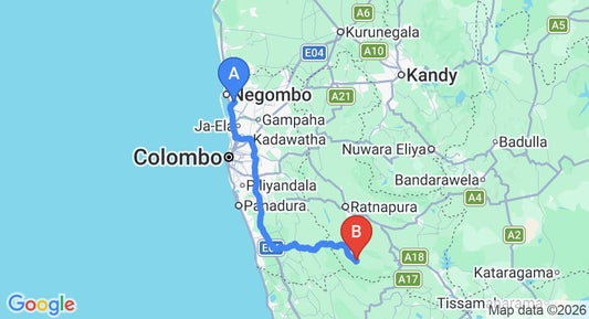 Driving route map: Colombo Airport (CMB) to Rainforest Edge, Ratnapura (145 km, approx 2 h 48 min private transfer)