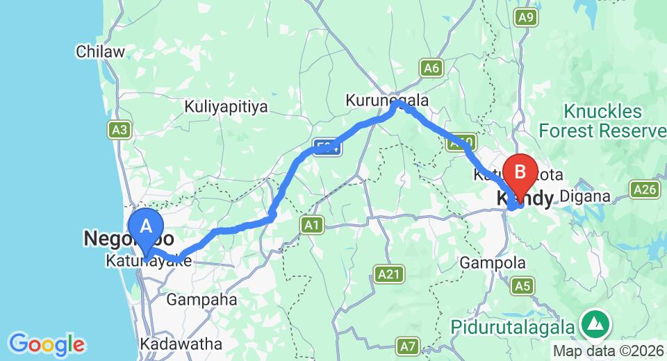 Driving route map: Colombo Airport (CMB) to Misty Hills, Kandy (115 km, approx 2 h 55 min private transfer)