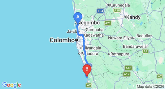 Driving route map: Colombo Airport (CMB) to Kosgoda (118 km, approx 1 h 54 min private transfer)