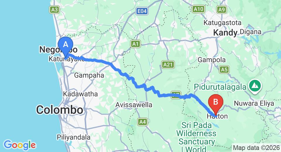 Driving route map: Colombo Airport (CMB) to Green House Family Gest House, Hatton (115 km, approx 3 h 31 min private transfer)