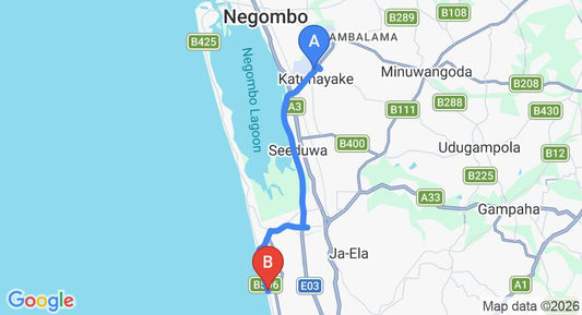 Driving route map: Colombo Airport (CMB) to Sea Shine Beach Hotel, Wattala (19 km, approx 28 min private transfer)