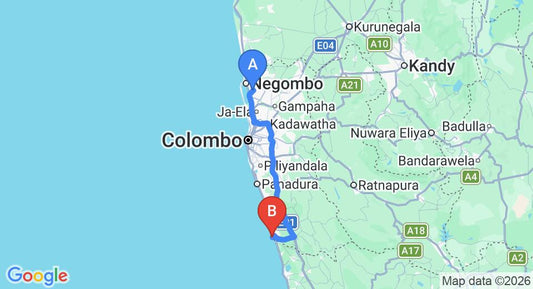 Driving route map: Colombo Airport (CMB) to The Palms Hotel, Beruwala (109 km, approx 1 h 45 min private transfer)
