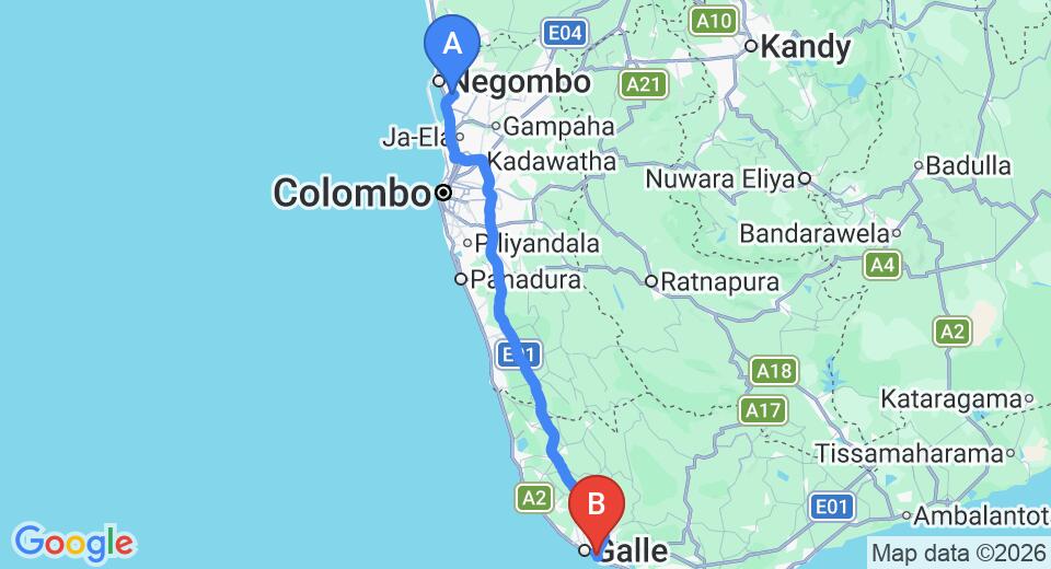Driving route map: Colombo Airport (CMB) to Hotel J, Unawatuna (151 km, approx 2 h 5 min private transfer)
