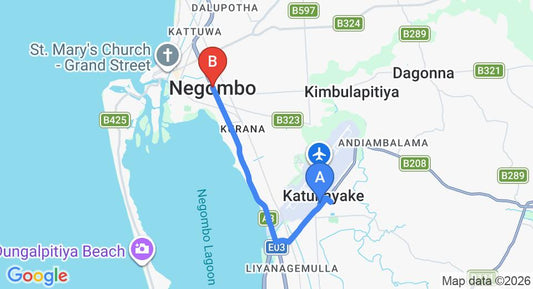 Driving route map: Colombo Airport (CMB) to C Negombo, Negombo (9 km, approx 20 min private transfer)