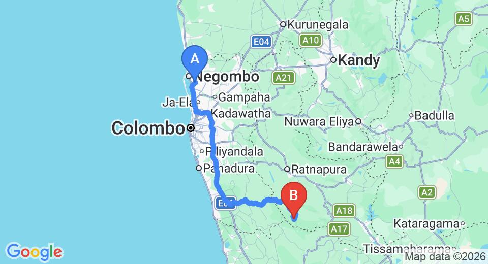 Driving route map: Colombo Airport (CMB) to Mahoora - Sinharaja, Ratnapura (151 km, approx 2 h 59 min private transfer)