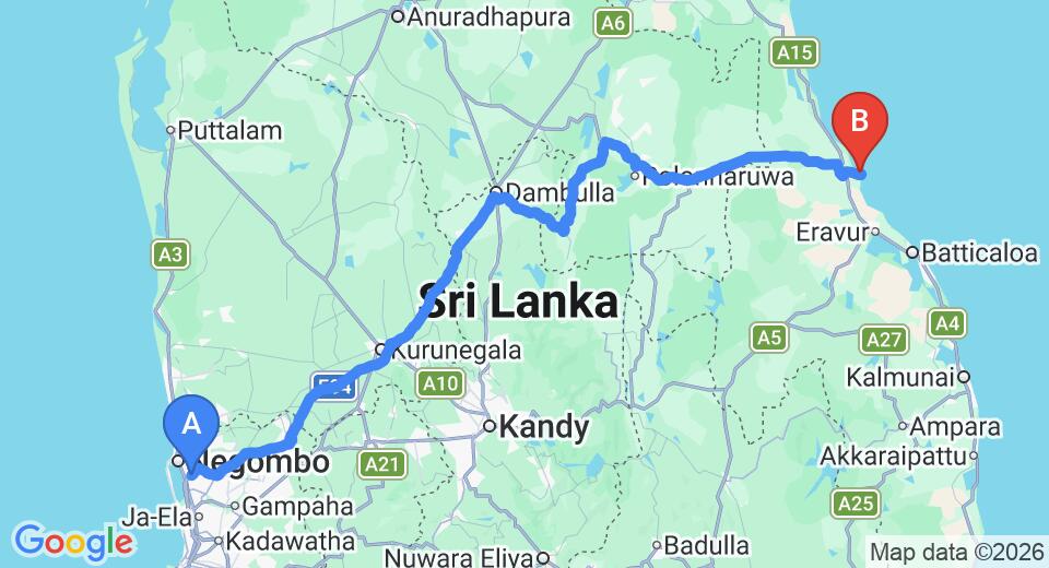 Driving route map: Colombo Airport (CMB) to New Land Guest House, Pasikuda (267 km, approx 5 h 28 min private transfer)