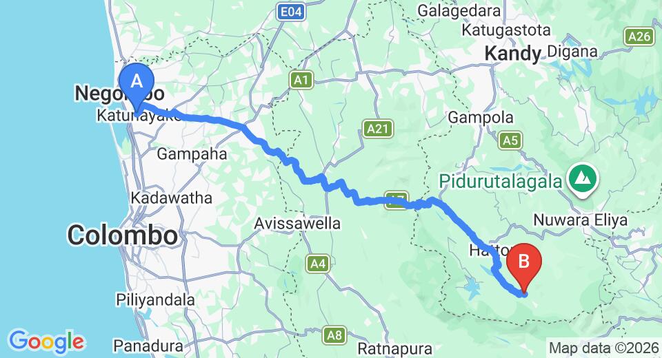 Driving route map: Colombo Airport (CMB) to Tientsin Bungalow, Hatton (133 km, approx 4 h 14 min private transfer)