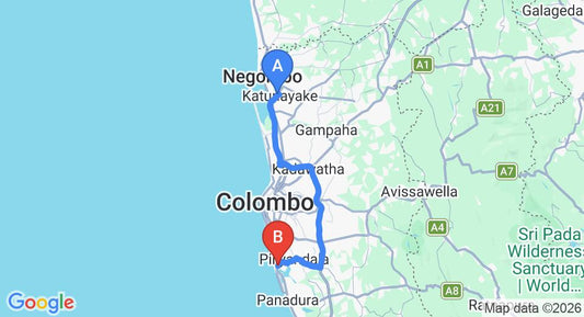 Driving route map: Colombo Airport (CMB) to Amasuva, Moratuwa (68 km, approx 1 h 18 min private transfer)