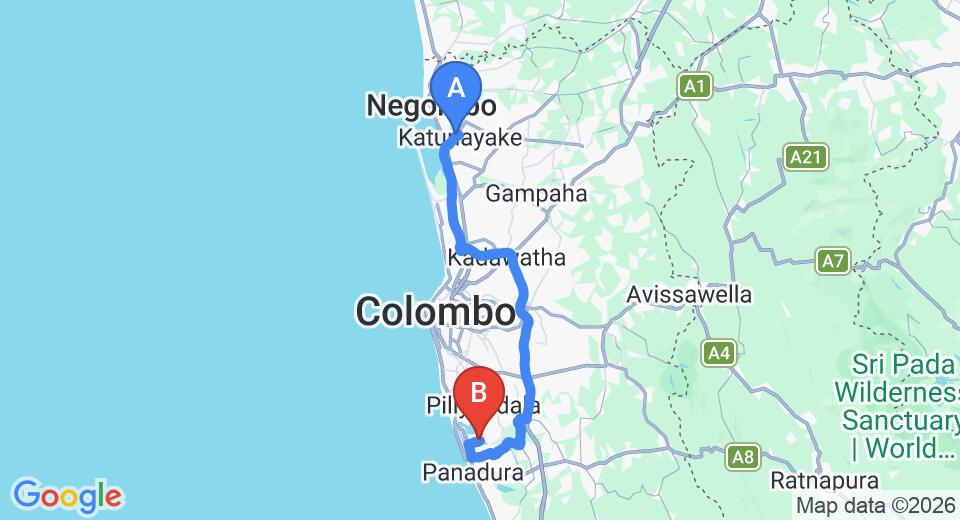 Driving route map: Colombo Airport (CMB) to Imma Lake Resort, Panadura (73 km, approx 1 h 29 min private transfer)