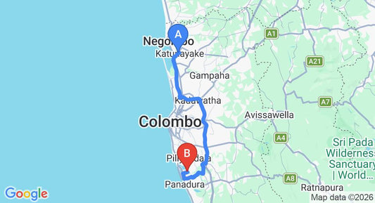 Driving route map: Colombo Airport (CMB) to Imma Lake Resort, Panadura (73 km, approx 1 h 29 min private transfer)