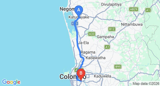 Driving route map: Colombo Airport (CMB) to Rajagiriya (34 km, approx 45 min private transfer)
