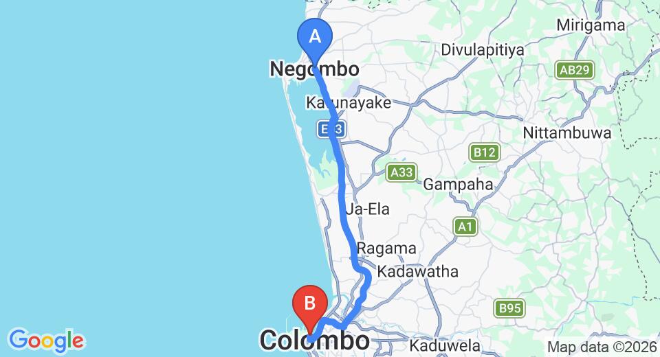 Driving route map: Negombo to Colombo Seaport (37 km, approx 43 min private transfer)