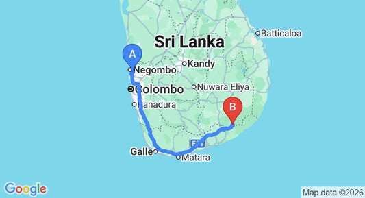 Driving route map: Colombo Airport (CMB) to Andarayaya, Kataragama (285 km, approx 3 h 45 min private transfer)
