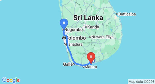 Driving route map: Colombo Airport (CMB) to Blue Horizon Hotel, Tangalle (217 km, approx 2 h 55 min private transfer)