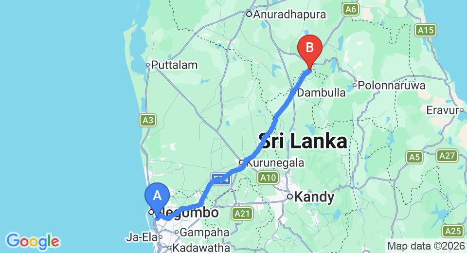 Driving route map: Colombo Airport (CMB) to Seerock The Kings Domain, Sigiriya (148 km, approx 3 h 14 min private transfer)