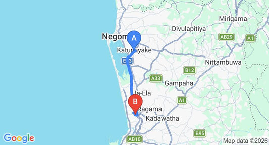 Driving route map: Colombo Airport (CMB) to Kay Jay Villa, Wattala (22 km, approx 26 min private transfer)