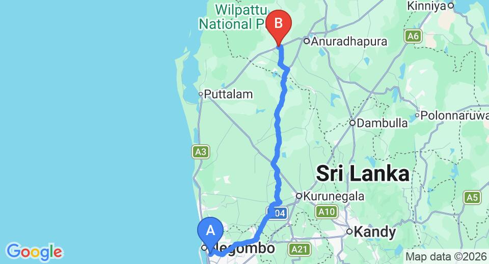 Driving route map: Colombo Airport (CMB) to Hotel Sinharagama Resort and Spa, Anuradhapura (168 km, approx 3 h 36 min private transfer)