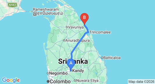 Driving route map: Kandy to Kuchchaveli (210 km, approx 4 h 45 min private transfer)